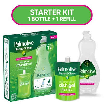 The Palmolive Shake & Clean Dish Soap is sold as a starter kit, with one bottle and one refill, in a recyclable paperboard carton, for $2.49.