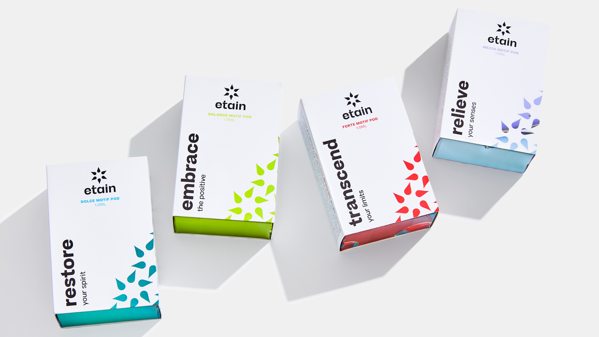 Each carton carries a statement starting with a big verb&mdash;restore, transcend, embrace, or relieve&mdash;to underscore the benefits of the different formulations.