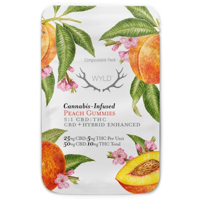 Wyld's Cannabis-Infused Peach Gummies in a compostable pouch.