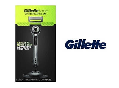 Outer packaging for the GilletteLabs with Exfoliating Bar razor product is a recyclable paperboard carton.