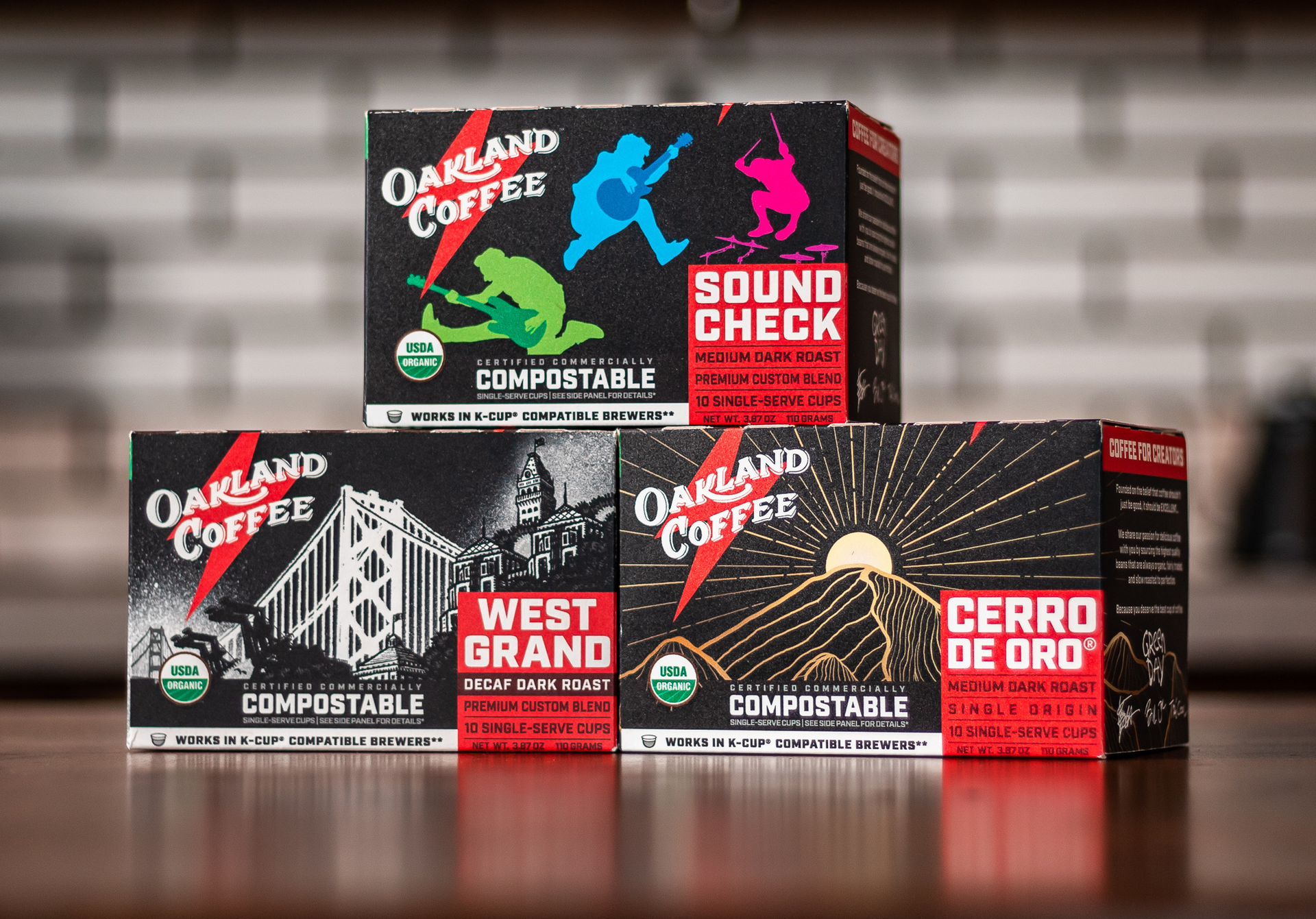 Oakland Coffee worked with independent artists, including concert photographers, graphic designers, and studio artists, with each packaging design showcasing a different designer or artist collaboration.