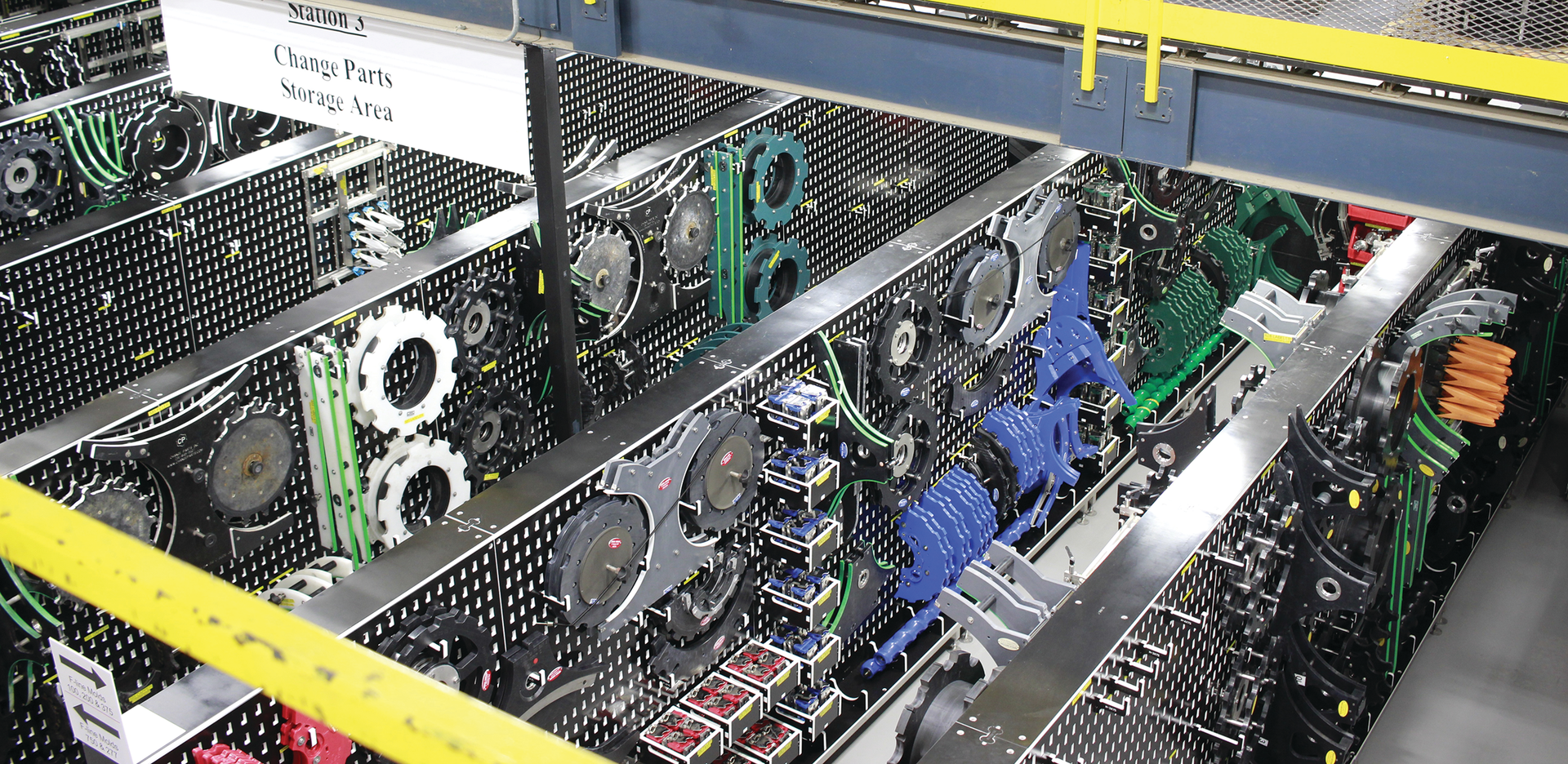 Cleaned, organized changepart racks in storage, prior to being deployed to their designated packaging line and filling application.