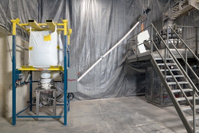 The new Bulk-Out model BFF forklift-loaded bulk bag discharger with a Bev-Con flexible screw conveyor simplifies the task of discharging and feeding sticky seasonings and reduces unnecessary operator labor.