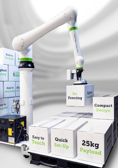 Fanuc's CRX-25iA robot can palletizes boxes to nearly seven feet high.