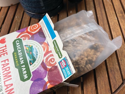Cereal liners for General Mills brand Cascadian Farms are made with recycled content liners that are also recyclable.