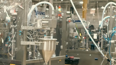 A rotary pouch machine from Viking Masek fills premade pouches with RTD alcohol and non-alcohol products.