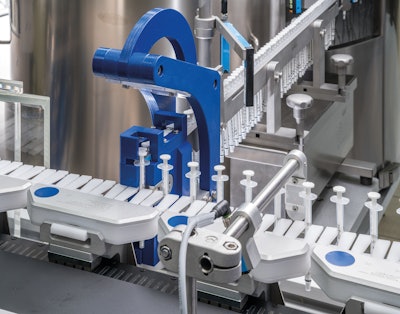 Five pipettes are loaded onto one of the Beckhoff transport system’s movers.