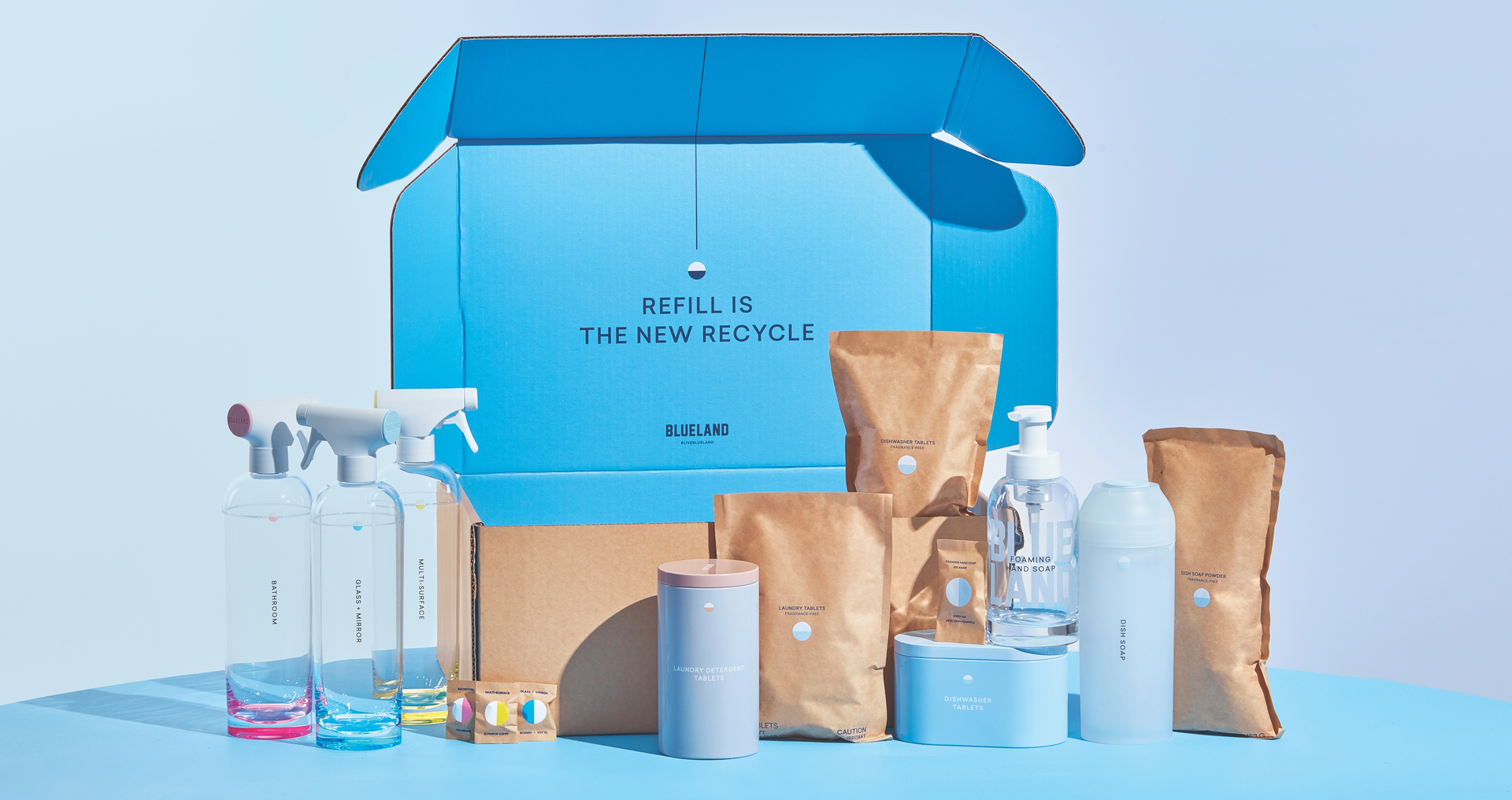 Blueland was among the early adopters of refillable/reusable packaging, offering a Refill-at-home system for household cleaning products.