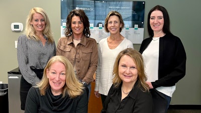 Founding Council of the PowHER of the Pack. Top row, from left: Kate Farley, Director of Sales, Modern,Krista Combs, VP, Human Resources, ProMach, Geri Krech, VP, Finance, ProMach Filling, Susan Marshall, VP/General Manager, Edson. Front row, from left: Lisa Propati, VP/General Manager, WLS, Julie Dropik, VP, Finance, ProMach Primary Packaging. Courtesy of ProMach.