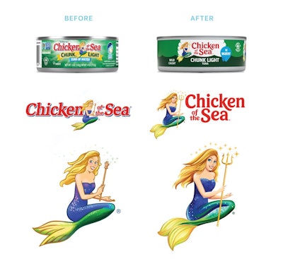 The packaging graphics, including the logo and Catalina mermaid, BEFORE and AFTER the redesign.