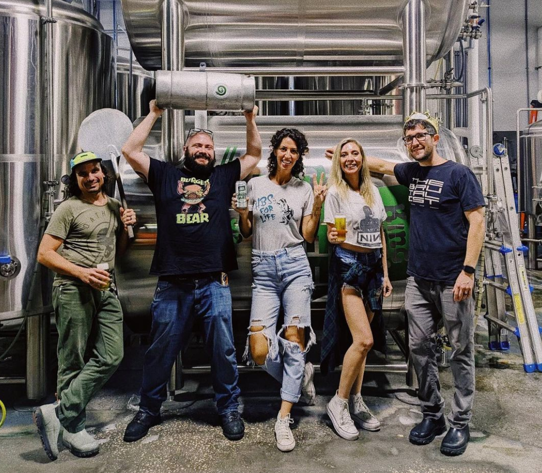 From left, Aric Parker and Pete Lewis of King State and The Brutalist, Tegan Foster and Amanda King of Hawthorne Bottle Shoppe, and Vinny Giusto of King State and the Brutalist.