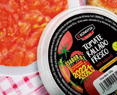 Tomato processor Bonnysa is launching a new bio-based PP lid for its grated tomato packaging.