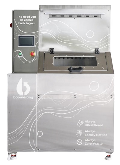 Roughly the size of a commercial ice maker, the Boomerang Bottling System sanitizes the reusable bottle, filters the water, fills the bottle with the water, and caps the bottle with the push of a button.