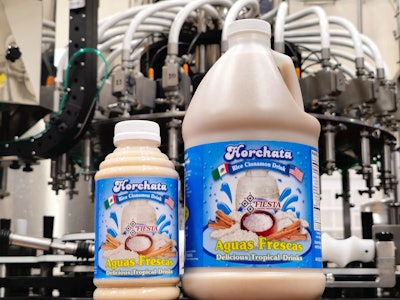 Both 16-oz PET and 64-oz HDPE bottles are filled on the line.