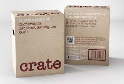 For the secondary package, a case, or ‘crate,’ that holds six bottles, Denomination selected a kraft corrugated material, overprinted with ink.