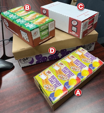 All four of these corrugated formats are handled on the tri-functional robotic cell: 8-count open tray (A), 12-count open tray (B), 12-count comb-over (C), and 48-count tray with lid (D).