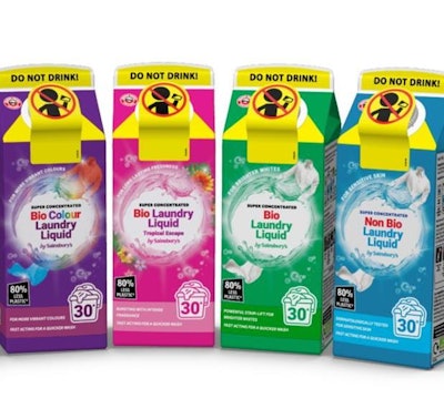 Sainsbury's new board-based laundry detergent packaging reduces plastic usage by 80%.