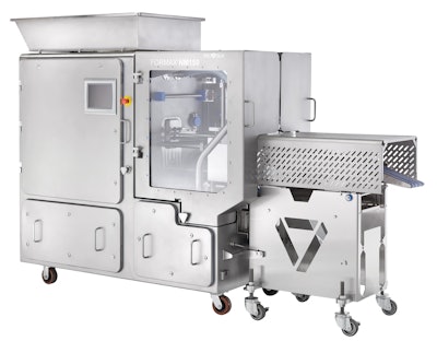 Hygienic design and stainless-steel builds on par with human food and pharma equipment is becoming standard for pet food processing machines like this former.