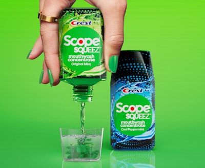 The packaging design for Scope Squeez includes a clear PET bottle, a white, child-resistant polypropylene twist cap, and a clear plastic dosing cup marked with a 20-mL fill line near the top.