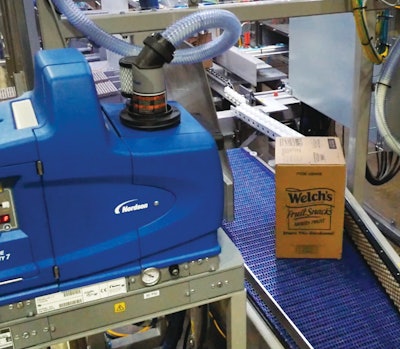 Case blanks are automatically erected, cartons are inserted, flaps are closed by way of hot melt adhesive, and finished cases are ready for palletizing.