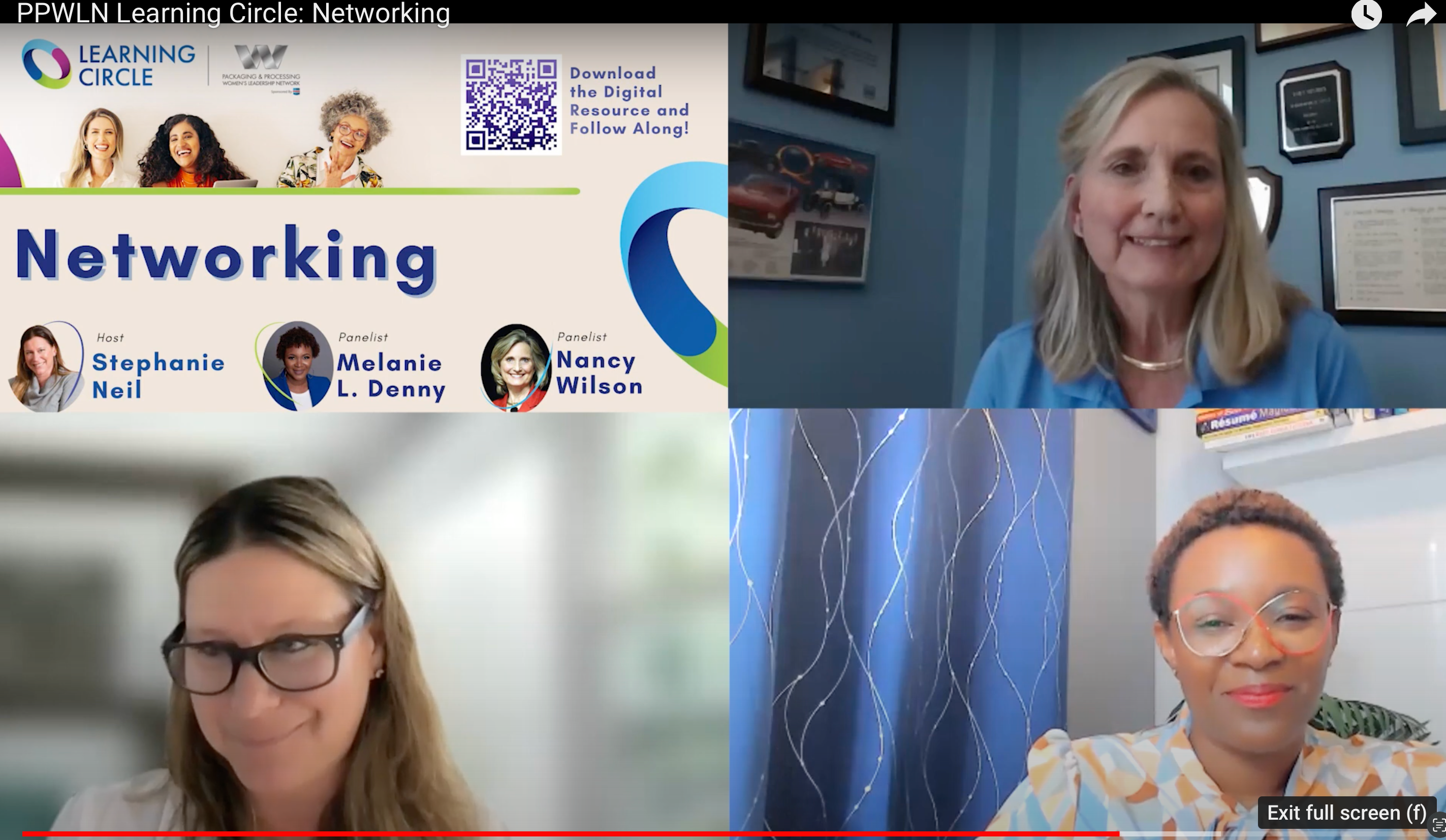 The PPWLN Learning Circle on Networking featured speakers: Nancy Wilson, CEO of Morrison Container Handling Solutions (top right); Melanie Denny, personal branding consultant (bottom right); and Stephanie Neil, Editor-in-Chief of OEM magazine (bottom left).