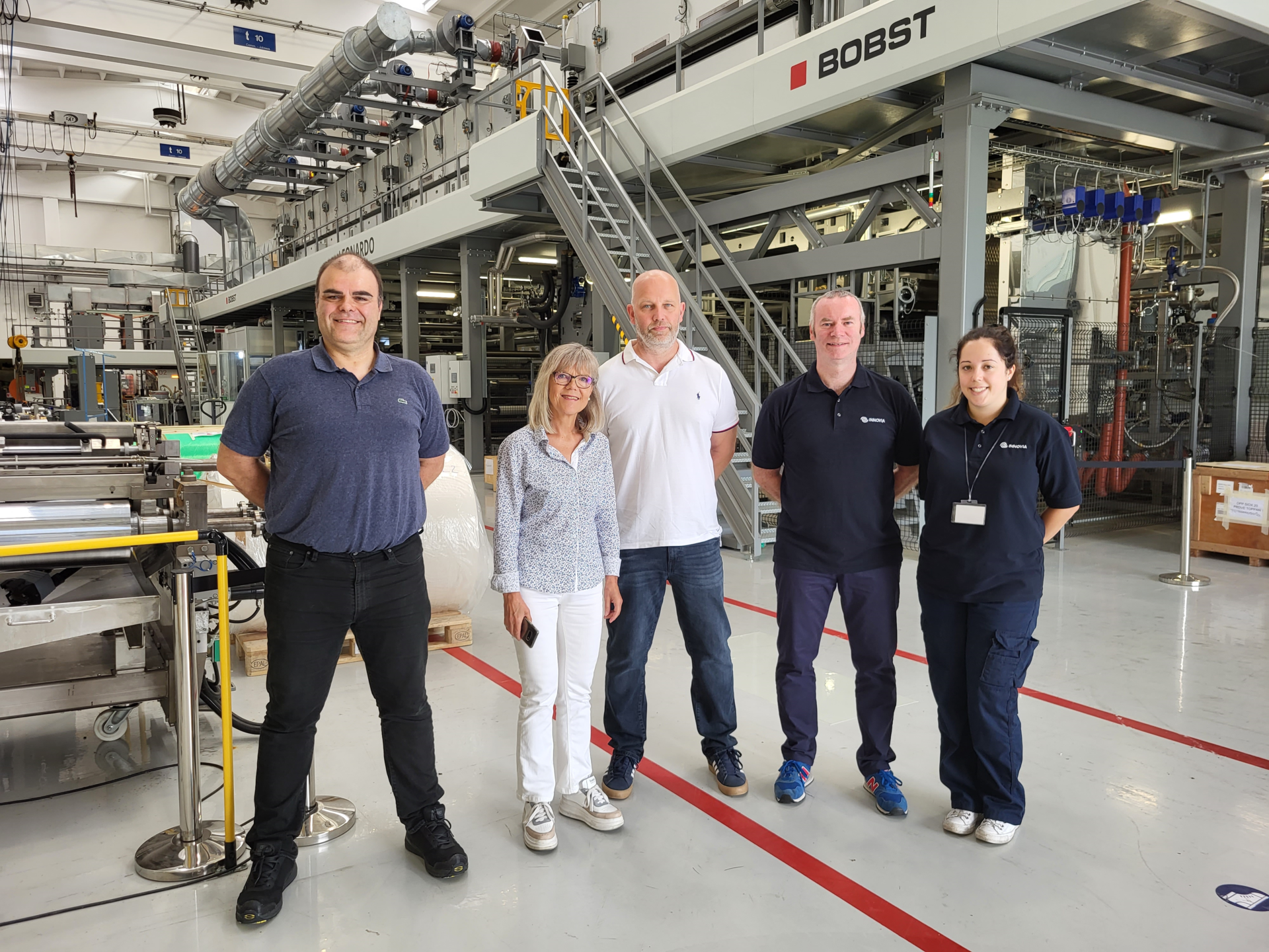 A team from Innovia visiting Bobst. Left to right: Alexandre David &ndash; Technical Sales Manager Coating, Bobst; Kristiina Muurman &ndash; Customer Sales Manager, Bobst; Steve Maude - Surface Engineering Manager, Innovia Films; Mike Hill - Lead Mechanical Project Engineer, Innovia Films; Sarah Lightfoot - Coating Trial Coordinator, Innovia Films.