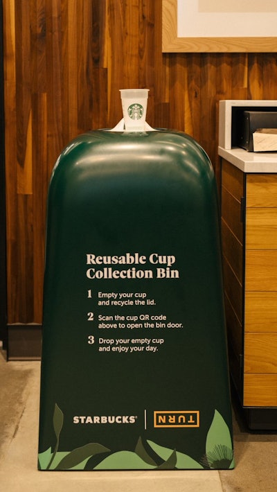 The consumer then places the empty Starbucks-developed PP cup on the TURN return bin for scanning and acceptance into the washing and reintroduction phases.