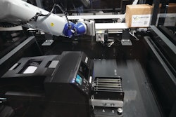 Epson VT6L All-in-One 6-Axis Robot and Epson ColorWorks CW-C6000P Color Inkjet Label Printer automation solution prints and applies labels.