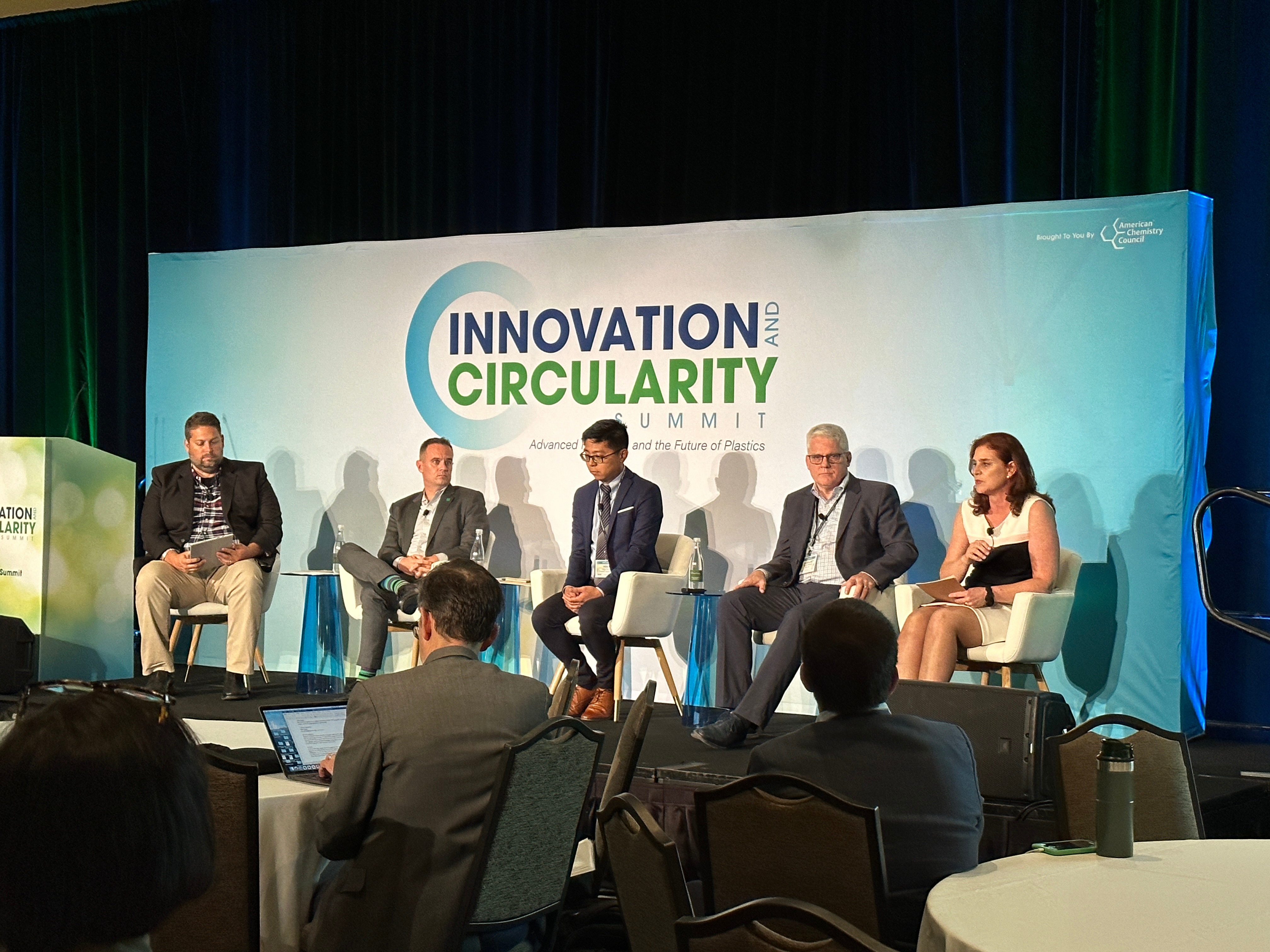 (from left) John Avolio of NOVA Chemicals leads a brand owner panel of LEGO's Drew Felz, Peapod and Ahold's Mike Roxas, Mars Petcare's Barnaby Wallace, and Adrianna Wolf of McCain Foods.