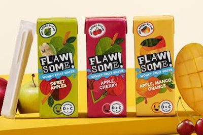 Flawsome's new 'Wonky Fruit Water' range includes paper straw wrapping.