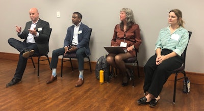 Participants in the FRESH 2023 panel, “Compostable Packaging: What Does Success Look Like?,” included (l. to r.) Brent Greiner of Charter Next Generation, Asem Mokkadem of Tellus Products, Margaret Eldridge from the Biodegradable Products Institute, and Aspen Hattabaugh of Atlas Organics.