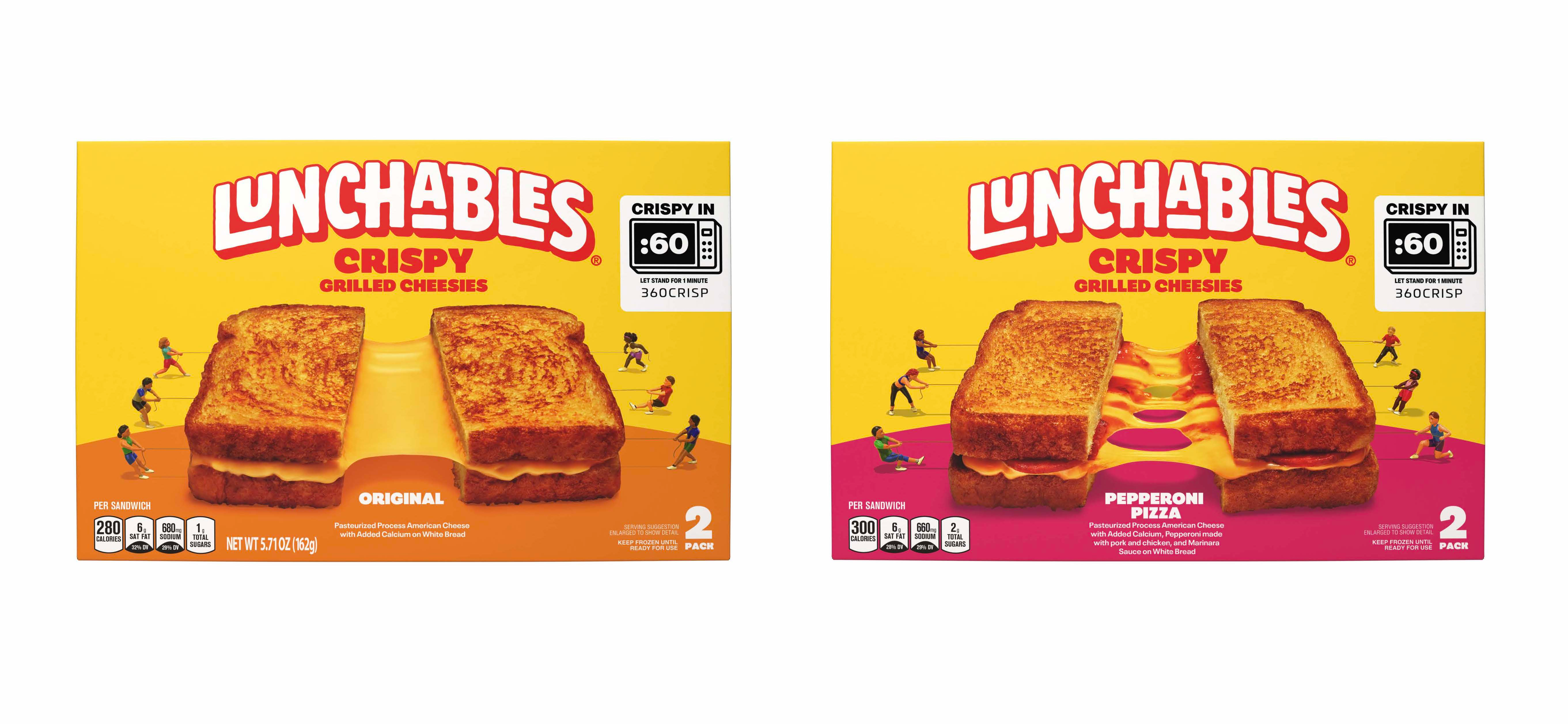 The Lunchables Grilled Cheesies product is available in two varieties, Original and Pepperoni Pizza, both featuring Kraft Singles American cheese.