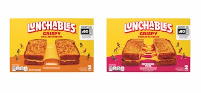 The Lunchables Grilled Cheesies product is available in two varieties, Original and Pepperoni Pizza, both featuring Kraft Singles American cheese.