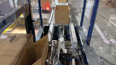 Corrugated cases are erected on this system and sent on a roller conveyor that brings them to one of two right angle conveyor spurs, each leading to a batch gate that counts bags into cases.