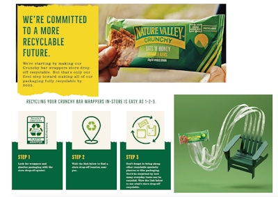 In 2021, General Mills launched a new wrap for its Nature Valley Granola Bar that uses a mono-material film, making it store drop-off recyclable.