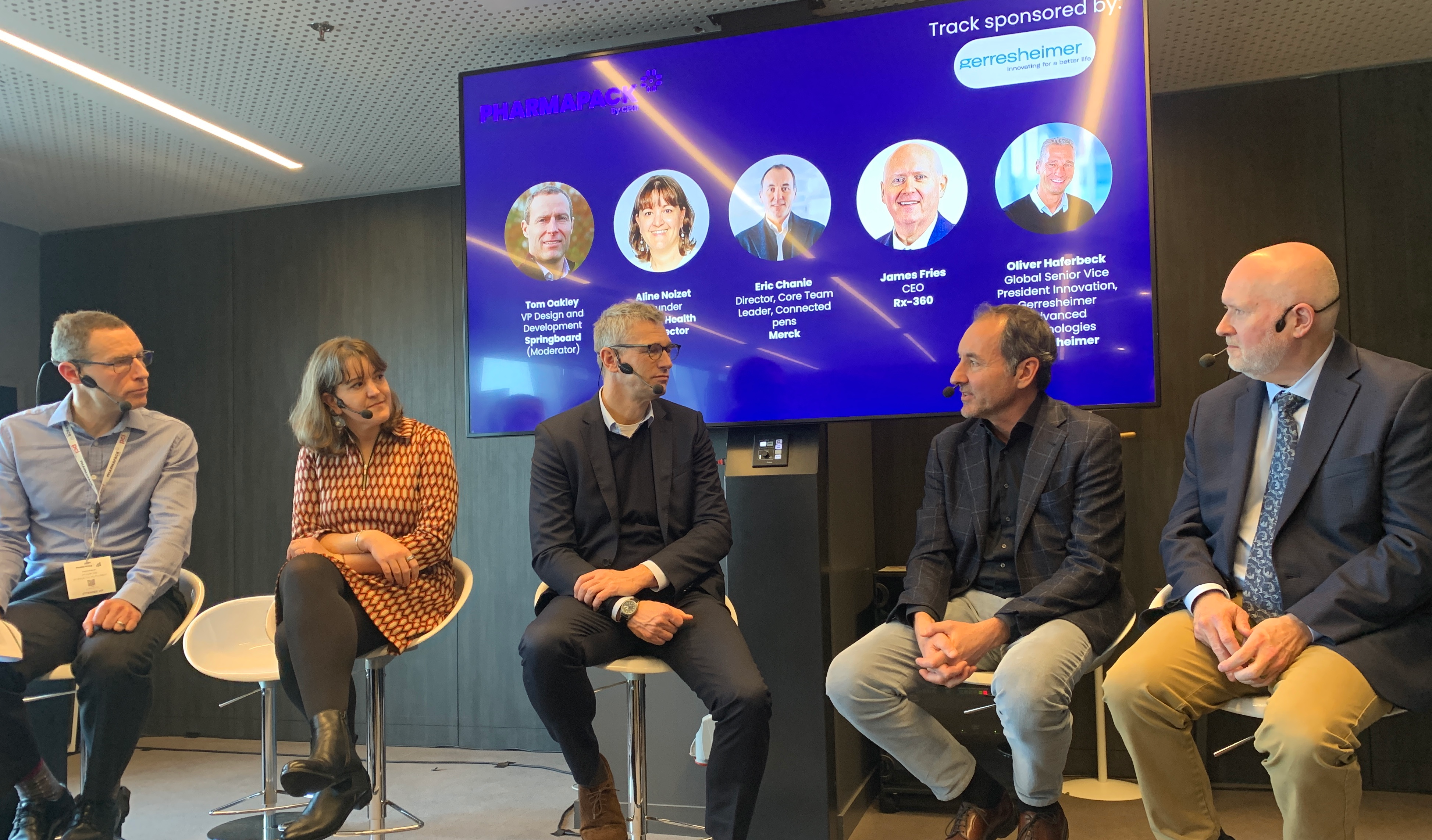 From left at Pharmapack Europe: Tom Oakley, Springboard; Aline Noizet, Digital Health Connector; Oliver Haferbeck, Gerresheimer; Eric Chanie, Merck; and James Fries, Rx-360.