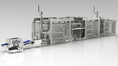 A bacon process that previously took about 40 workers now uses just two workers to run this automated spiral cooking, smoking, and freezing system.