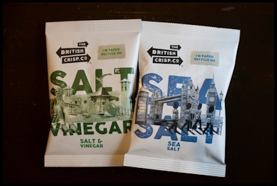 The British Crisp Co.'s new bags use paper with Hydropol polymer technology as a plastic alternative.