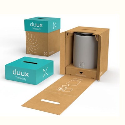 Duux's new packaging combines molded cellulose and corrugated board to replace its previous EPS packaging.