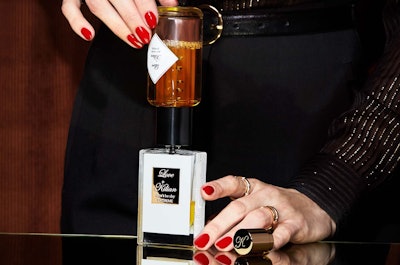 Fragrance brand Kilian Paris offers a refillable/reusable packaging system that includes a premium reusable bottle with refills in packaging that has been lightweighted to reduce waste. Image courtesy of The Estée Lauder Companies