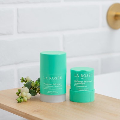 La Rosée's new reusable deodorant stick reduces weight by 62% compared to a full stick.