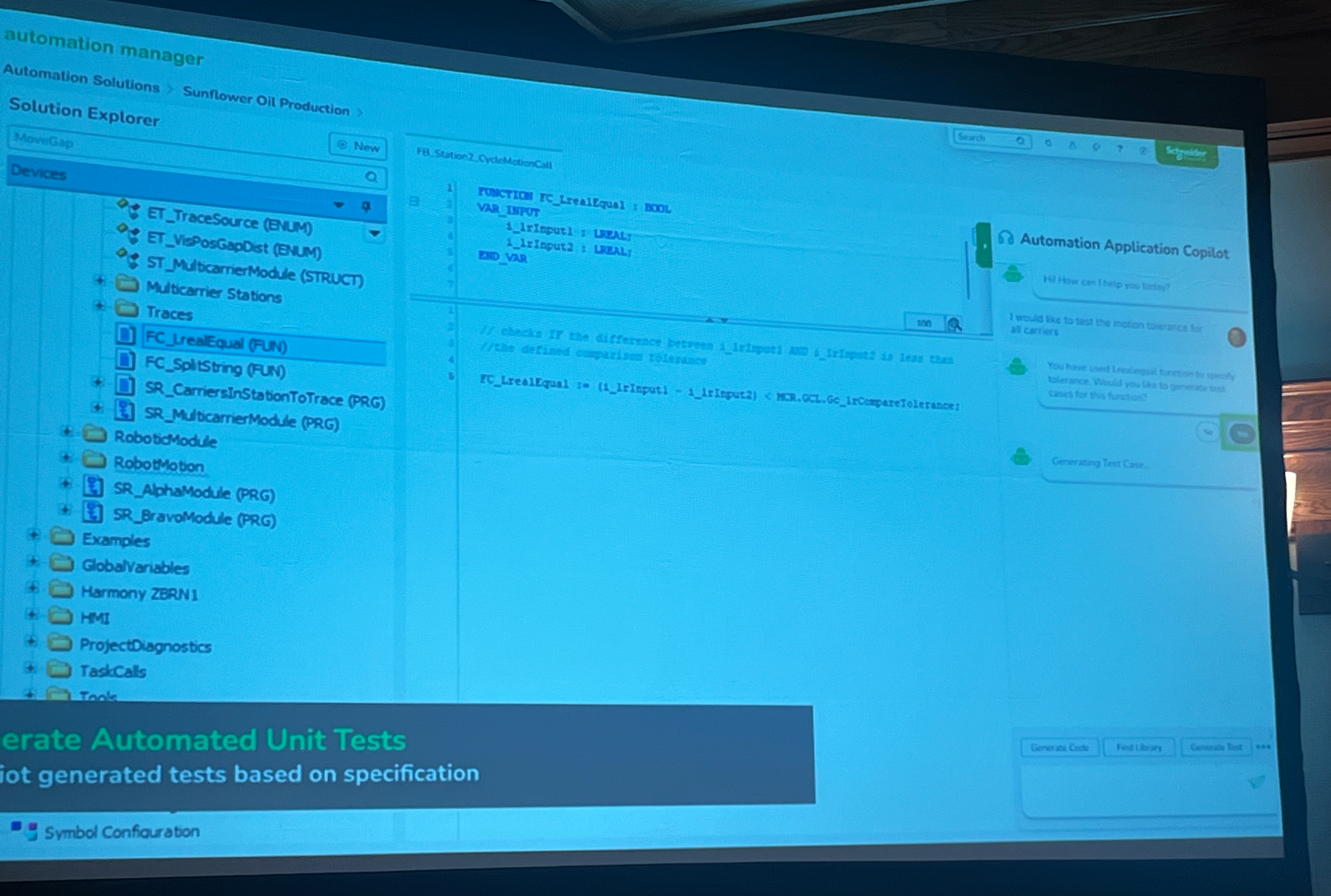 Schneider Electric bakes generative AI into its programming suite. Programmers interact with the AI chatbot in the right rail; code snippets are suggested in the center screen, and can be added to the code tree in the left rail.