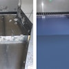 On the left: Conventional Metal Chute. On the right: SlideGlide Chute Liner.