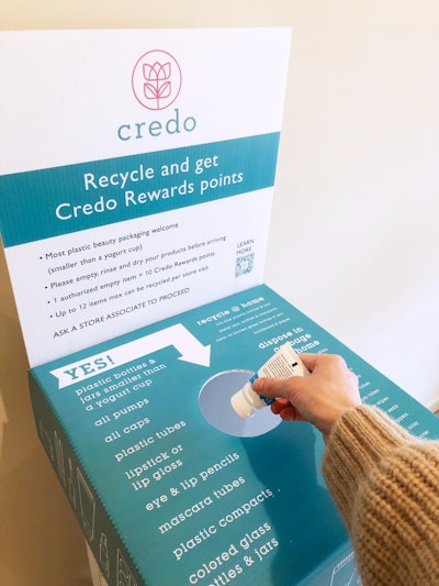 One type of takeback program run by Pact is the in-store collection program, where retailers have a collection bin that sits on the store floor and allows customers to drop off their hard-to-recycle beauty empties for free.