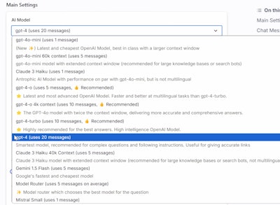 When configuring your chatbot, switching underlying Large Language Models is as easy as choosing from a drop-down menu.