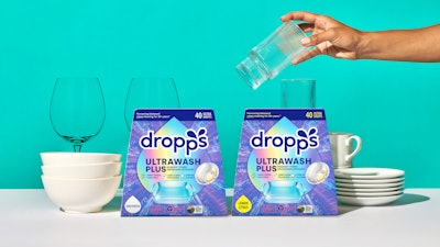 The latest dishwasher pod formulation from Dropps, UltraWash Plus uses its paperboard packaging to communicate product efficacy by depicting a Pyrex-style glass baking dish, often considered to be the toughest to clean with baked-on food. The company says Ultrawash Plus is the first-to-market USDA-certified bio-based multi-chamber dishwasher detergent.