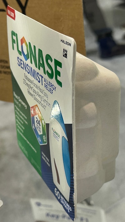 GKS's Flonase brand uses a paper cardstock backing, serving as the printed front-of-pack billboard. The pulp tray binds to the backing with a heat-activated adhesive.