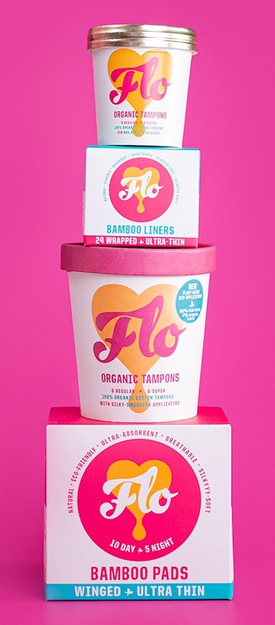 Says Allen Augustin, “Even though most of our sales are in period pads and liners, which are sold in a box, our retail partners call our tampon tubs ‘trolley magnets.’” Image courtesy of Here We Flo.