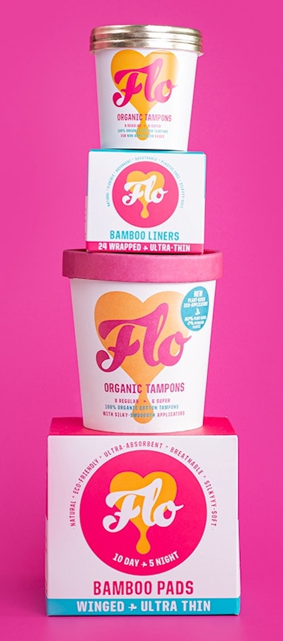 Says Allen Augustin, “Even though most of our sales are in period pads and liners, which are sold in a box, our retail partners call our tampon tubs ‘trolley magnets.’” Image courtesy of Here We Flo.