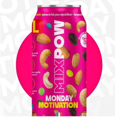 The 100% recyclable, resealable cans are available for roasted cashews, energy mixes with dried fruit, and almonds.